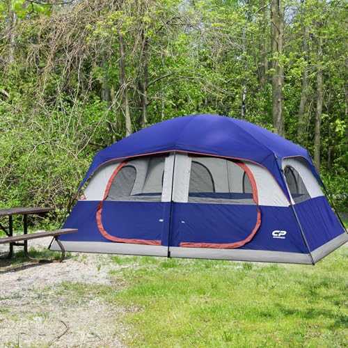 CAMPROS CP Tent 9/12 Person Camping Tents, 2 Room Weather Resistant Family Cabin Tent, 6 Large Mesh Windows, Double Layer, Divided Curtain for Separated Room, Portable with Carry Bag