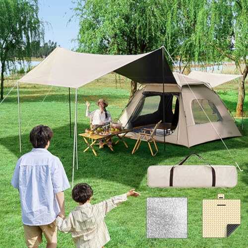 Camping Tent, 2 in 1 Pop up Tent 4-9 Person Family Dome Tent Canopy Waterproof Windproof with 2 Doors 2 Window, Easy Setup for Family Hiking and Backpacking