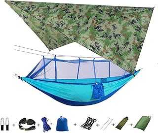 Portable Camping Hammock with Mosquito Net and Rain Fly, Includes Tree Straps for Indoor and Outdoor Use, Ideal for Backpacking, Travel, Hiking, and Beach Adventures