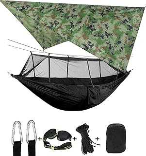 Portable Camping Hammock with Rain Fly, Net, and Tree Straps for Outdoor Backpacking, Travel, Hiking, and Beach Use