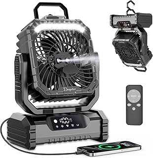 Camping Fan with LED Light, 20000mAh Battery Operated Rechargeable Camping Misting Fan with Hanging Hook, Outdoor Tent Cooling Mist Fans for Home, Office, Car RV, Garden, Travel, Beach - Black